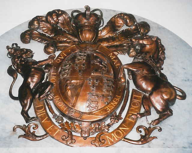 Royal arms on the monument to King Charles III